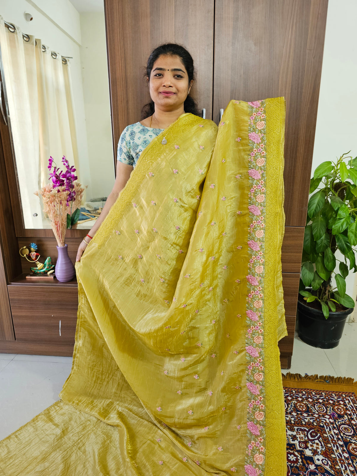 Premium Crushed Soft Saree with Emboridery Border- Yellow