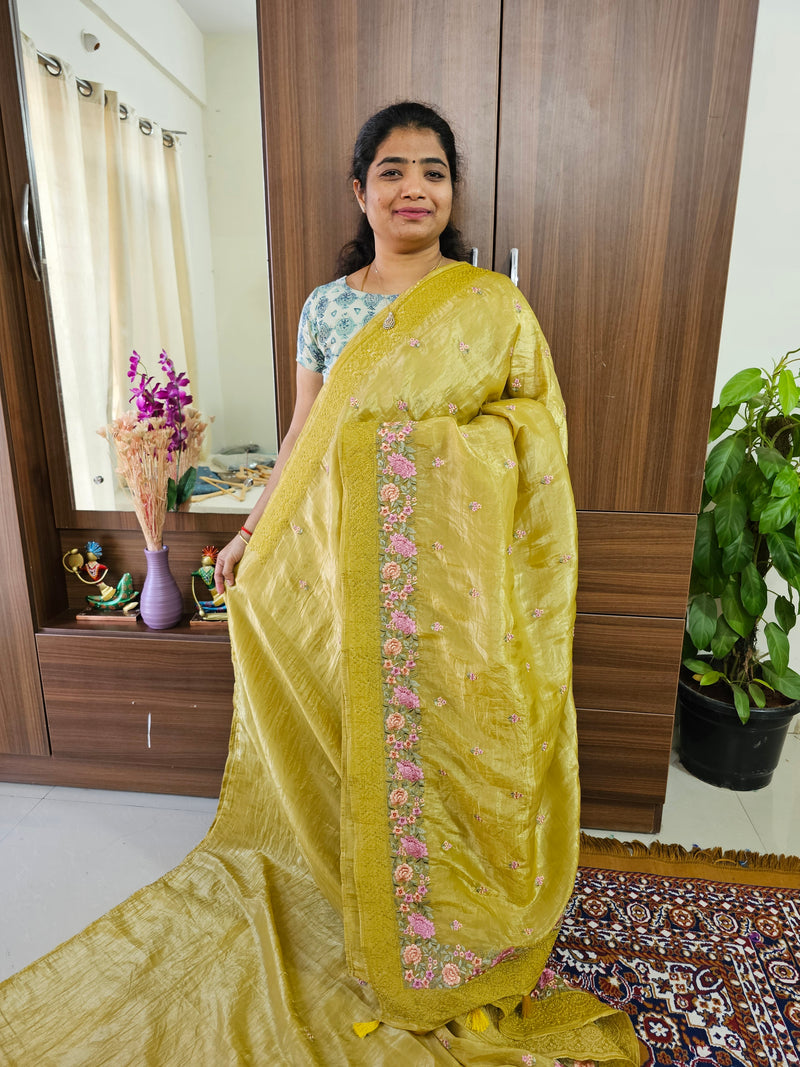 Premium Crushed Soft Saree with Emboridery Border- Yellow