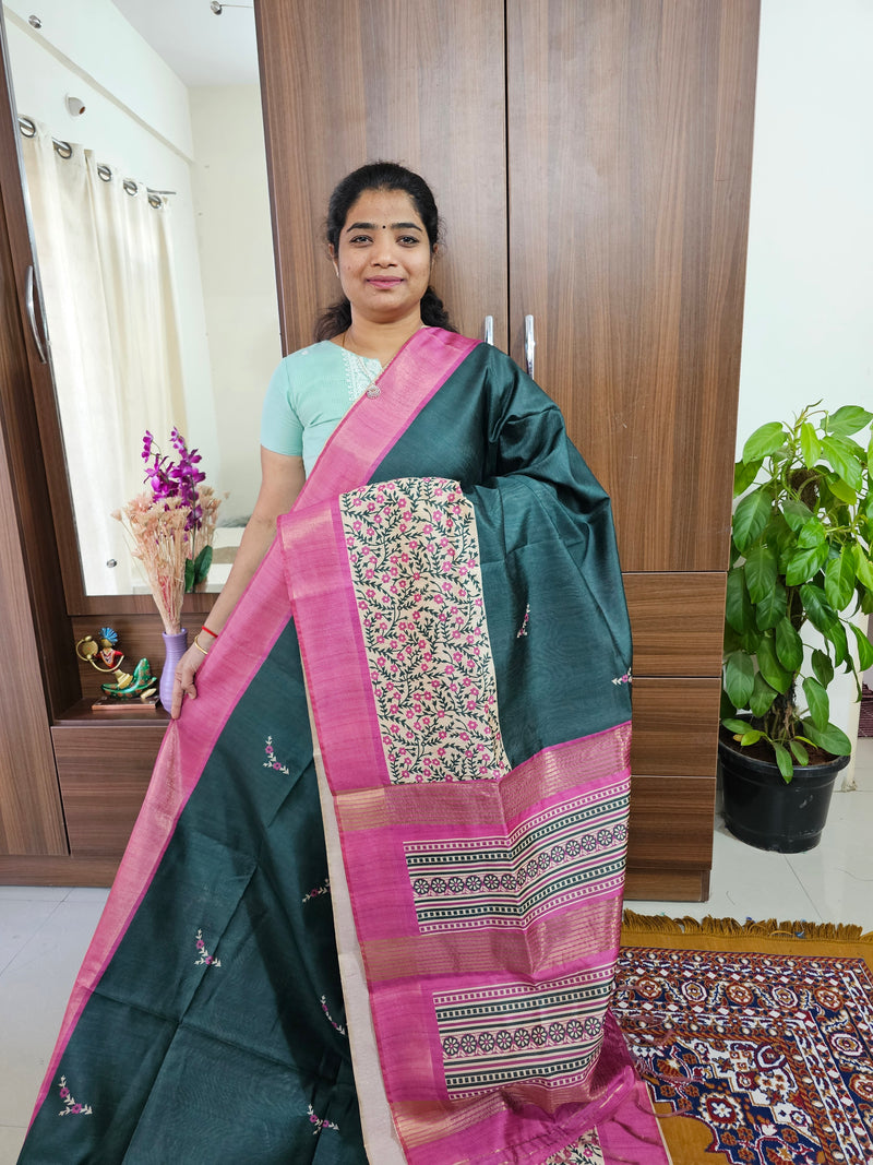 Semi Ghicha Shibori Printed Saree - Green with Pink