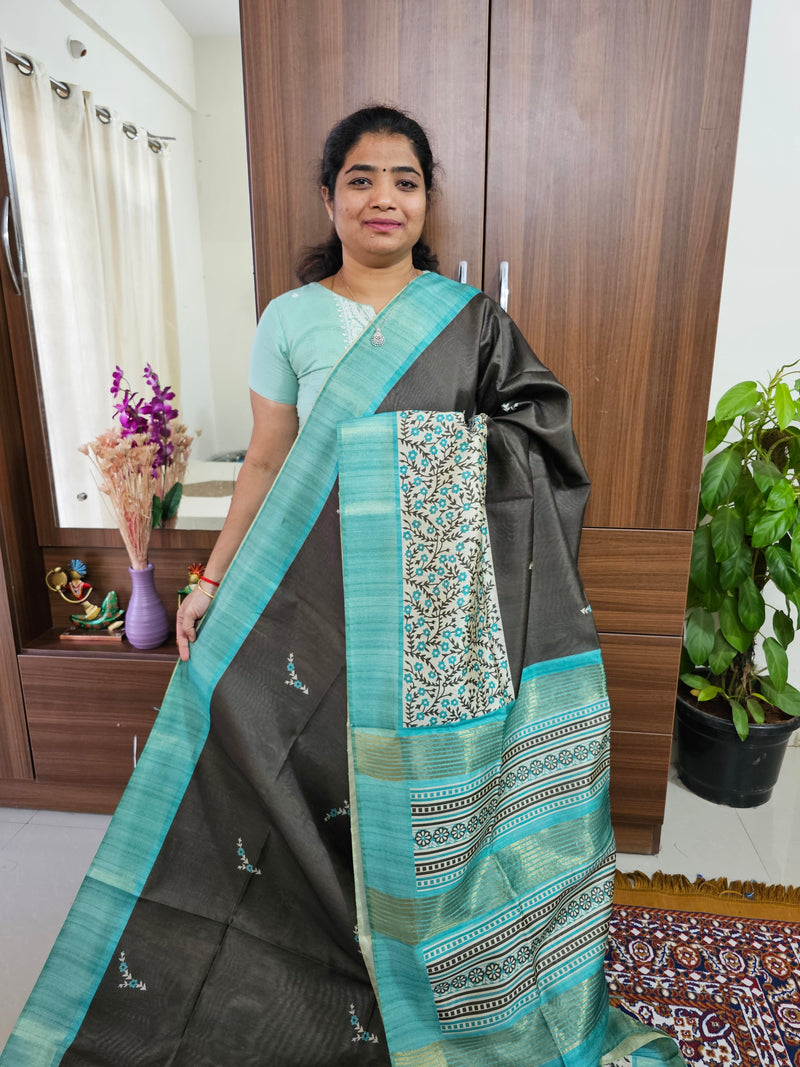 Semi Ghicha Shibori Printed Saree - Green with Sea Blue