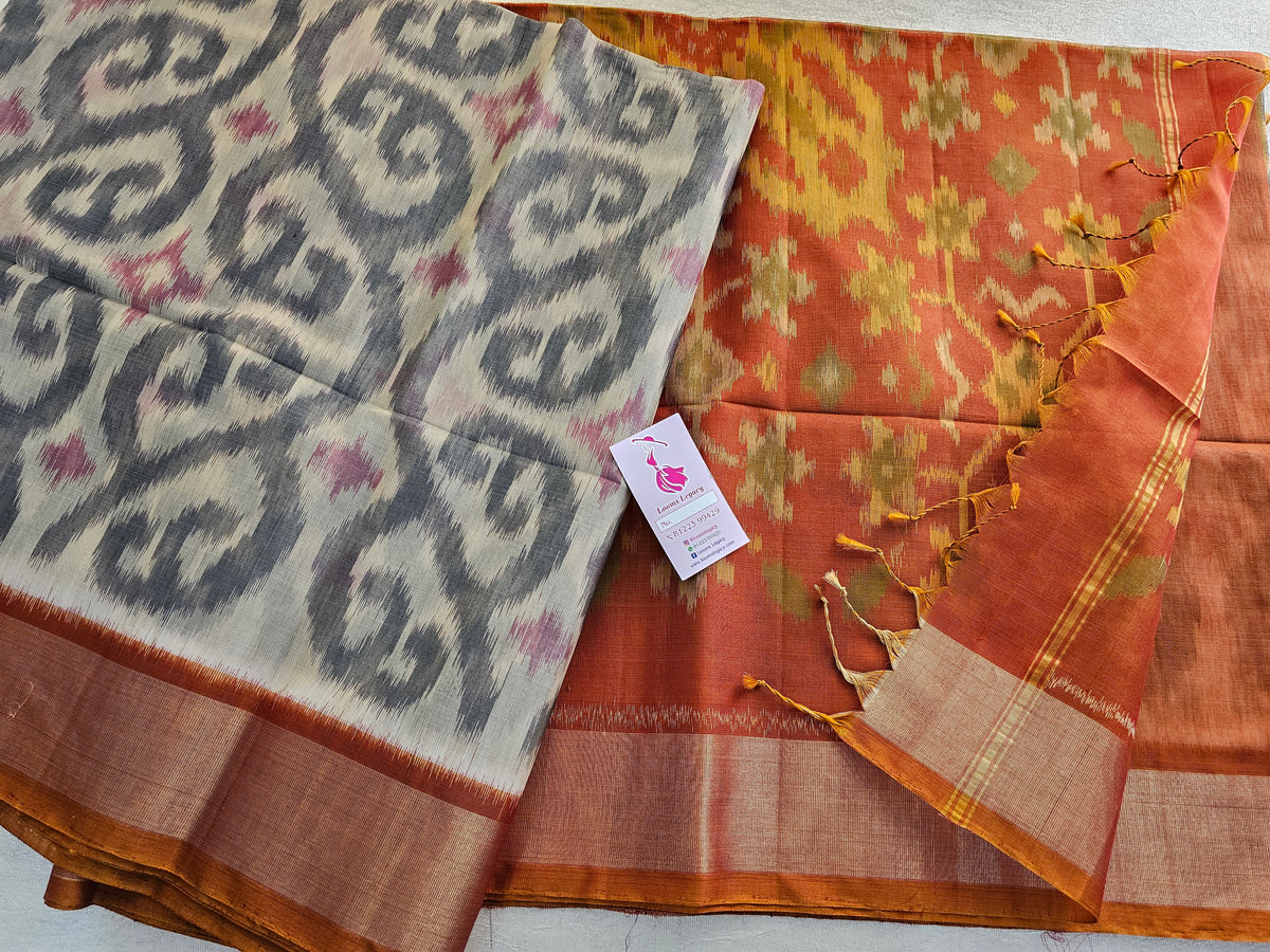 Grey with Dark Orange Pochampally Ikkat Silk Cotton (SICO Pattu)