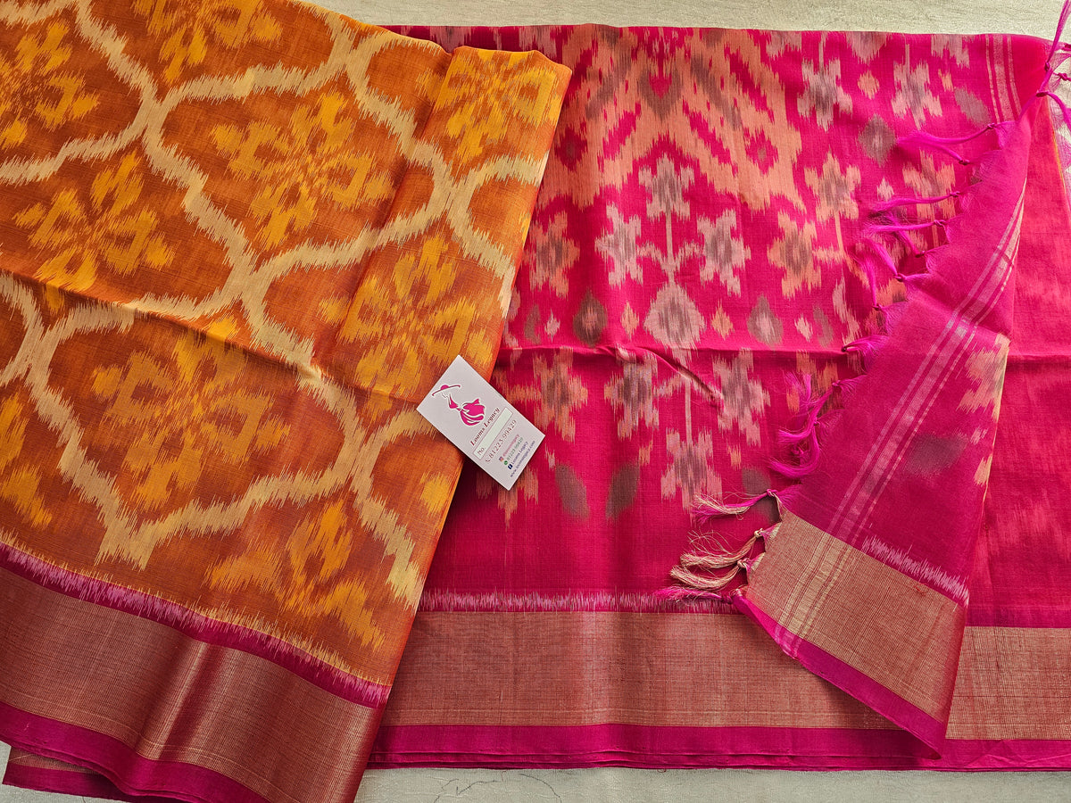 Orange with Pink Pochampally Ikkat Silk Cotton (SICO Pattu)