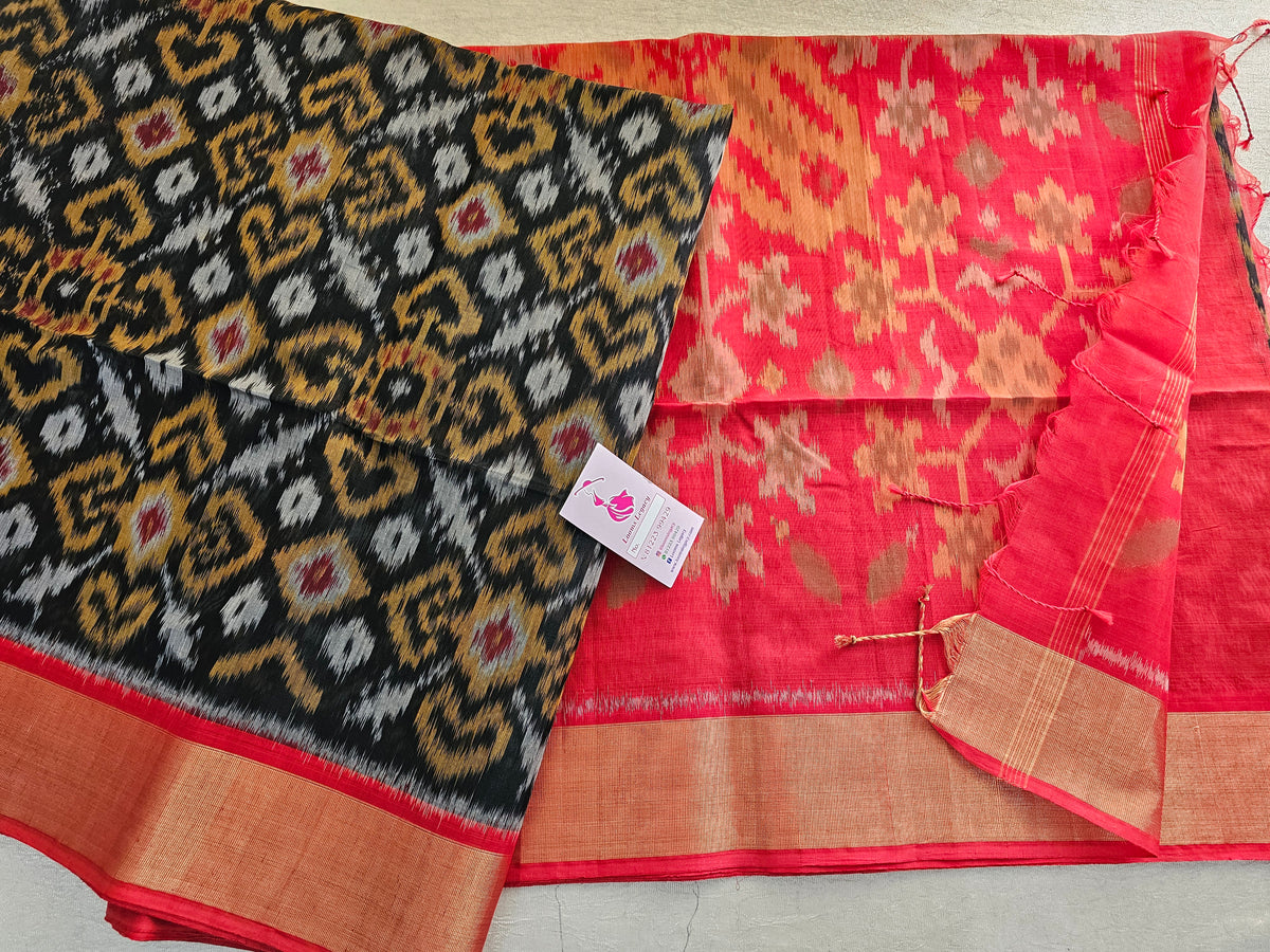 Black with Red Pochampally Ikkat Silk Cotton (SICO Pattu)