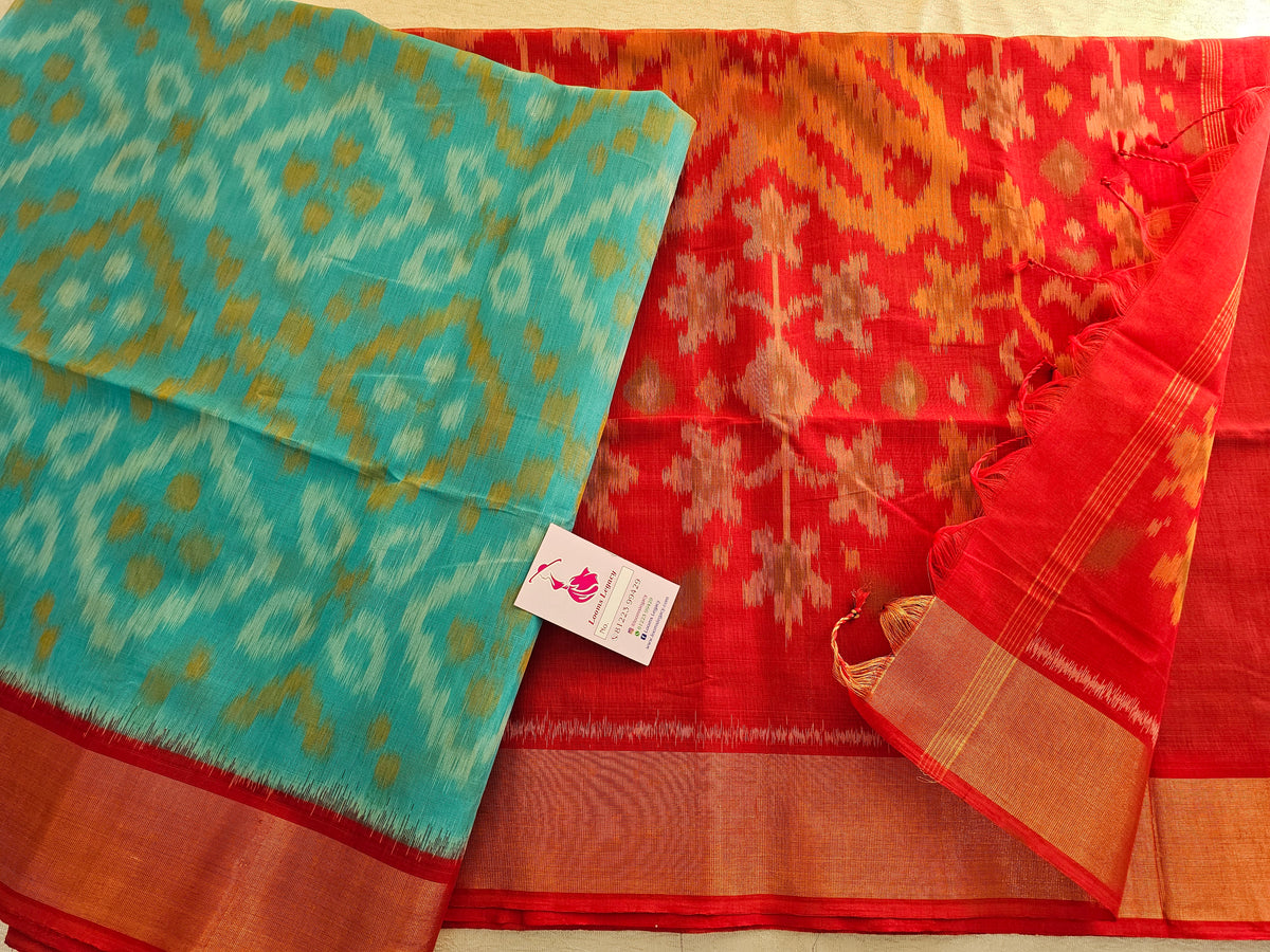 Blue with Red Pochampally Ikkat Silk Cotton (SICO Pattu)