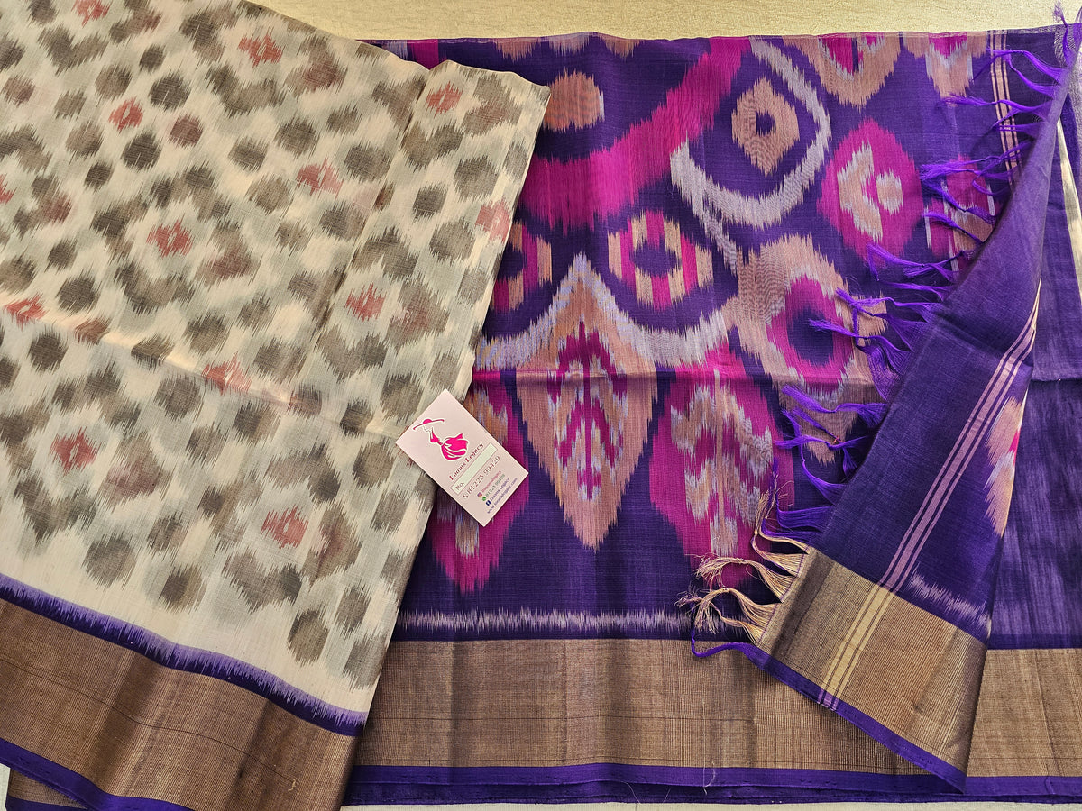 Off-white with Violet Pochampally Ikkat Silk Cotton (SICO Pattu)