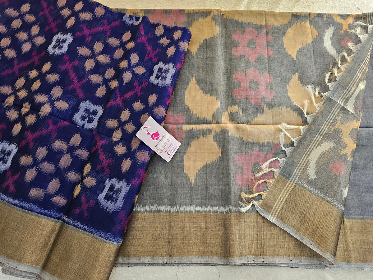 Dark Blue with Grey Pochampally Ikkat Silk Cotton (SICO Pattu)