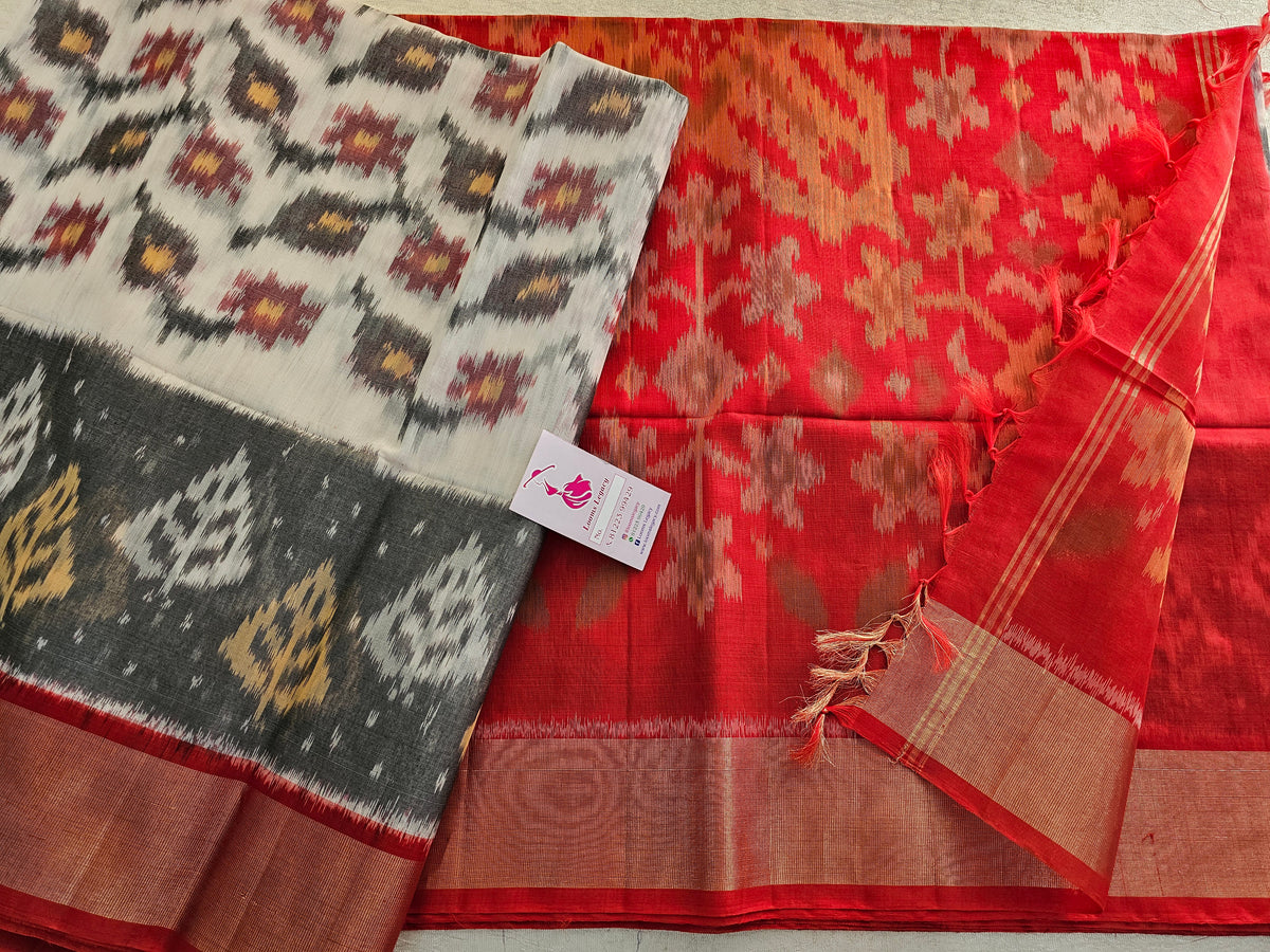 Off-white with Reddish Orange Pochampally Ikkat Silk Cotton (SICO Pattu)