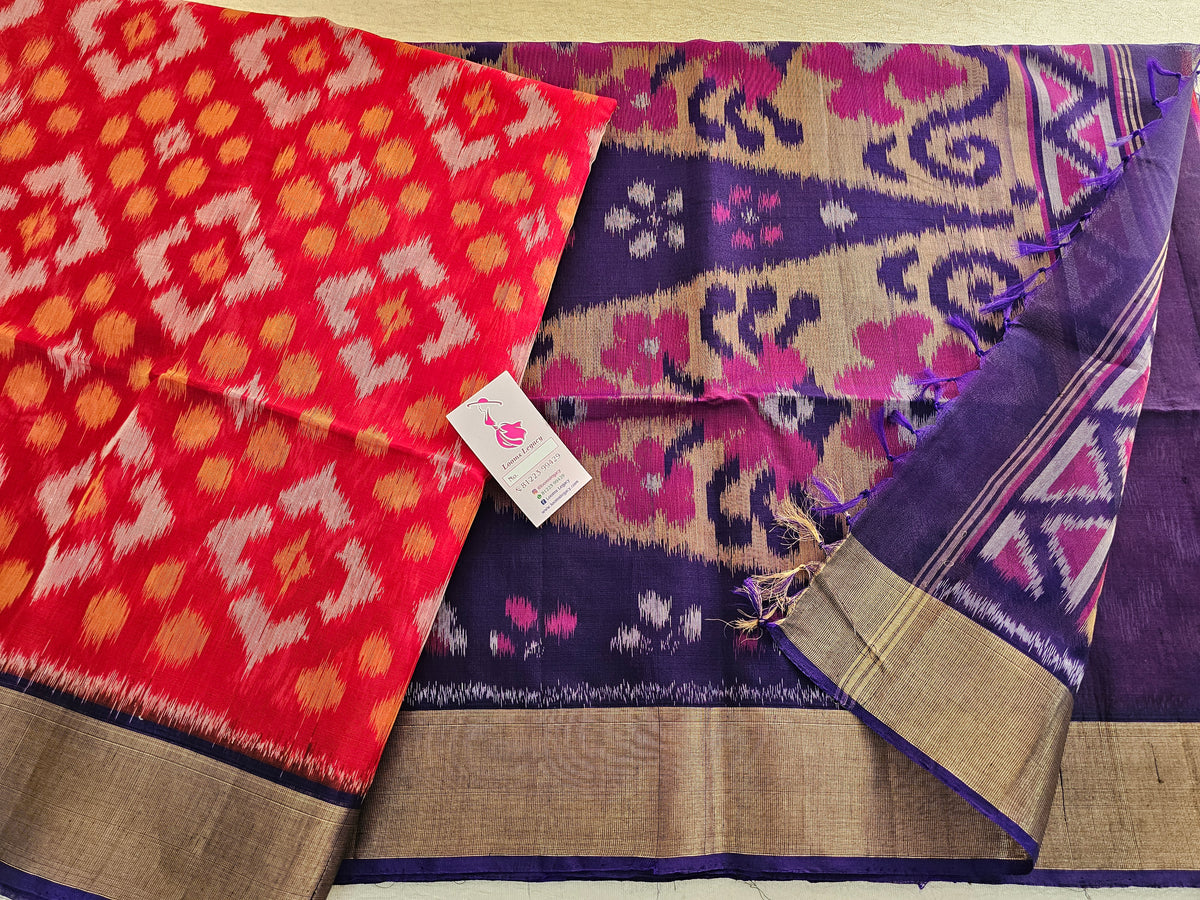 Red with Navy Blue Pochampally Ikkat Silk Cotton (SICO Pattu)