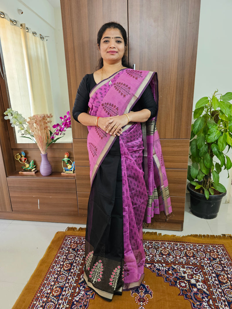 Half & Half Pattern Pure Handloom Maheshwari Silk Cotton Weaves - Purple with Pink