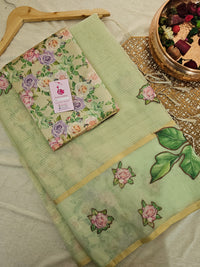 Organza Tissue Saree with Floral Patch Emboridery - Pastel Green