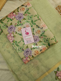 Organza Tissue Saree with Floral Patch Emboridery - Pastel Green