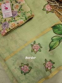 Organza Tissue Saree with Floral Patch Emboridery - Pastel Green