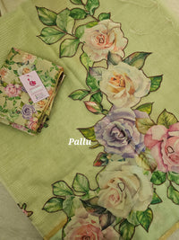 Organza Tissue Saree with Floral Patch Emboridery - Pastel Green