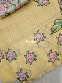 Organza Tissue Saree with Floral Patch Emboridery - Pastel Yellow