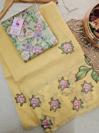 Organza Tissue Saree with Floral Patch Emboridery - Pastel Yellow