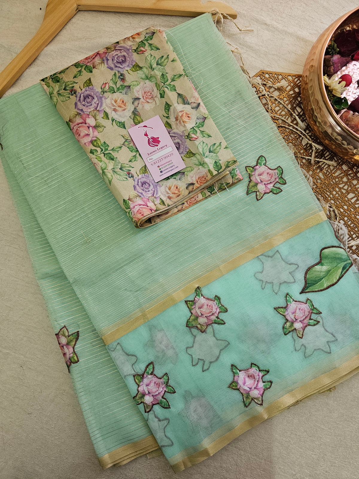 Organza Tissue Saree with Floral Patch Emboridery - Pastel Blue