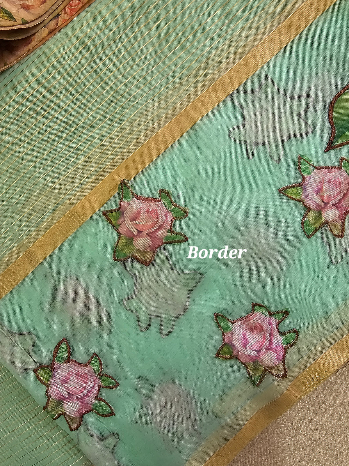 Organza Tissue Saree with Floral Patch Emboridery - Pastel Blue