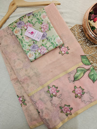 Organza Tissue Saree with Floral Patch Emboridery - Pastel Pink