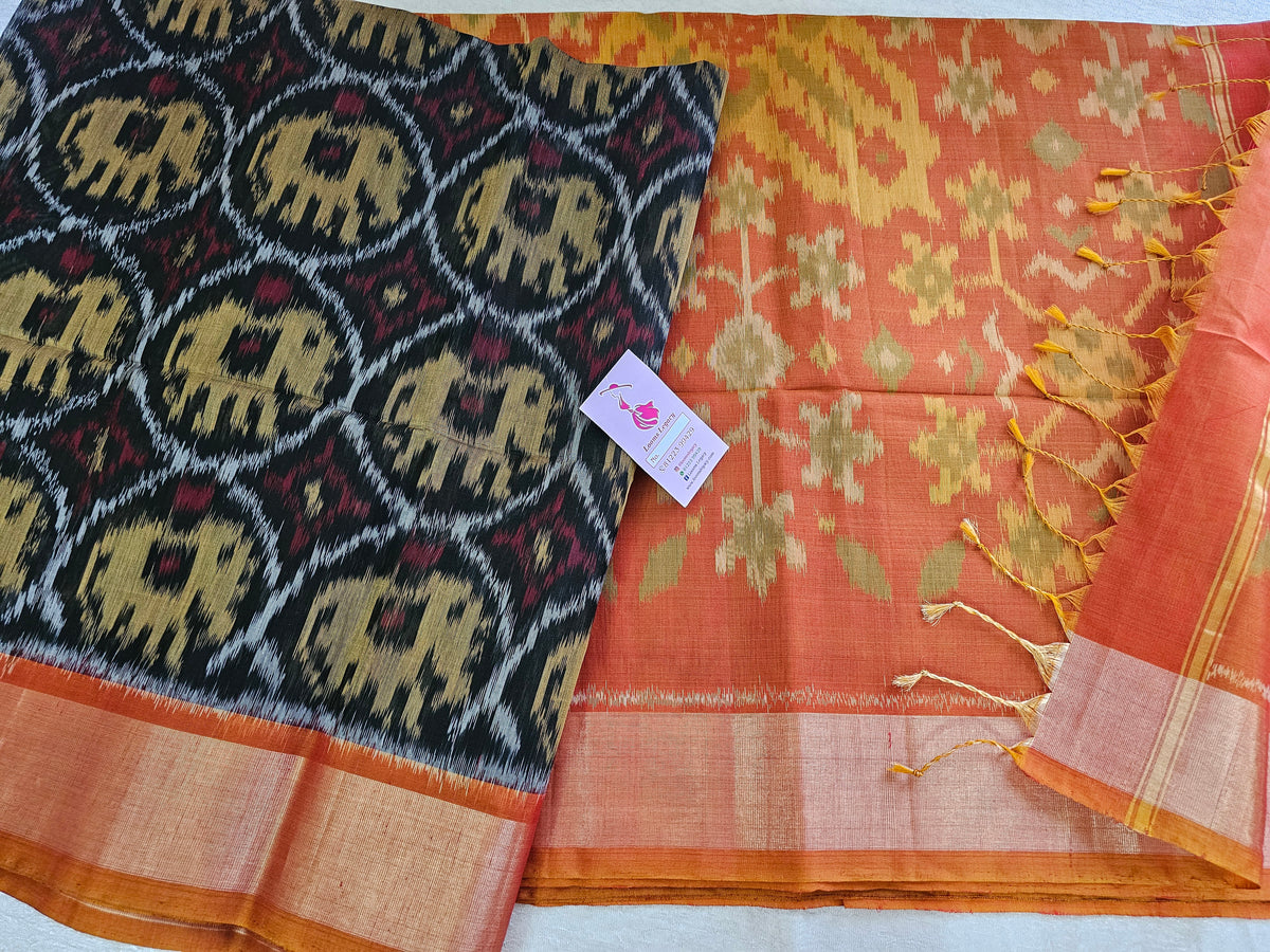 Black with Orange Pochampally Ikkat Silk Cotton (SICO Pattu)