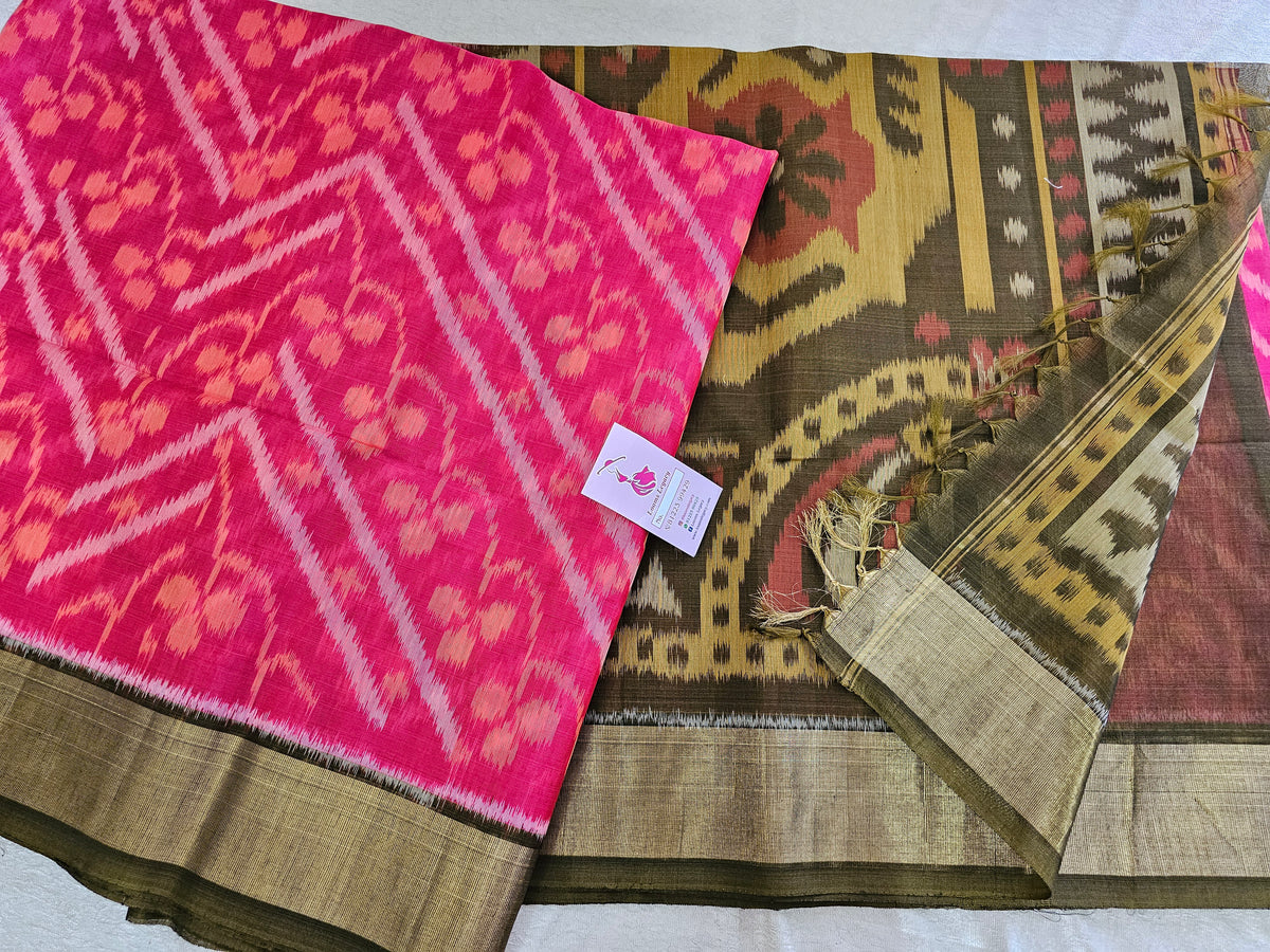 Pink with Dark Mustrd Yellow Pochampally Ikkat Silk Cotton (SICO Pattu)