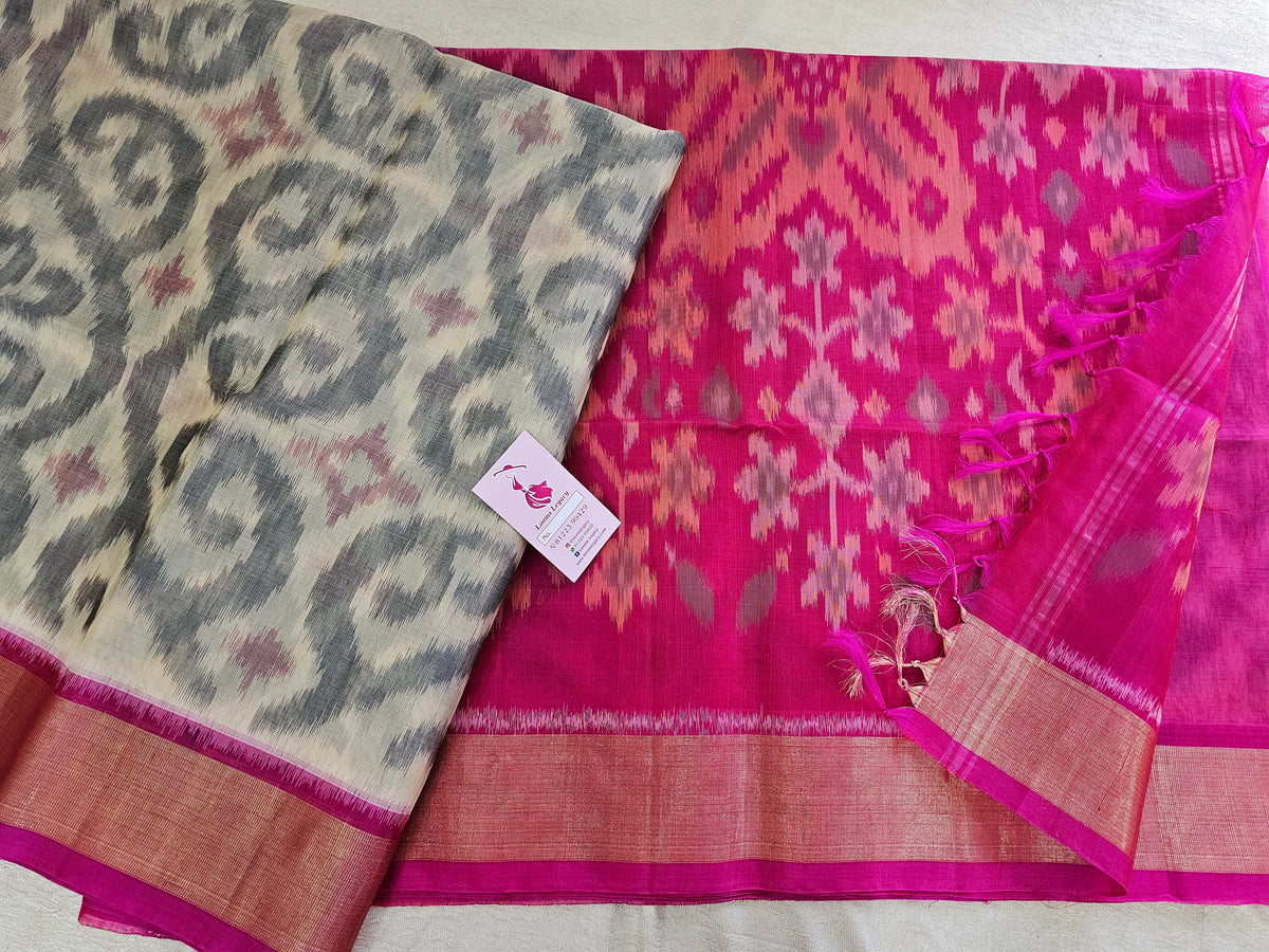 Off-white with Pink Pochampally Ikkat Silk Cotton (SICO Pattu)