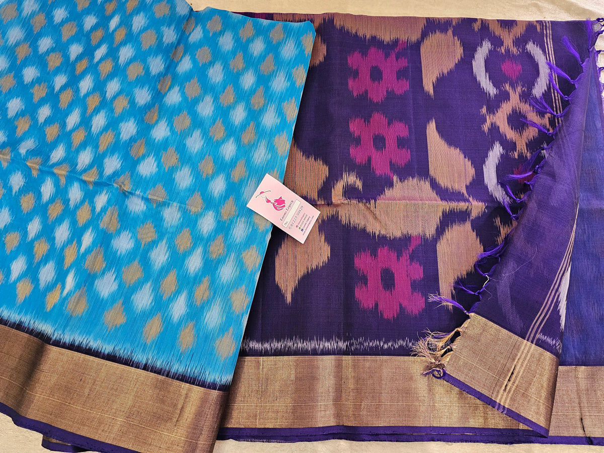 Sky Blue with Violet Pochampally Ikkat Silk Cotton (SICO Pattu)