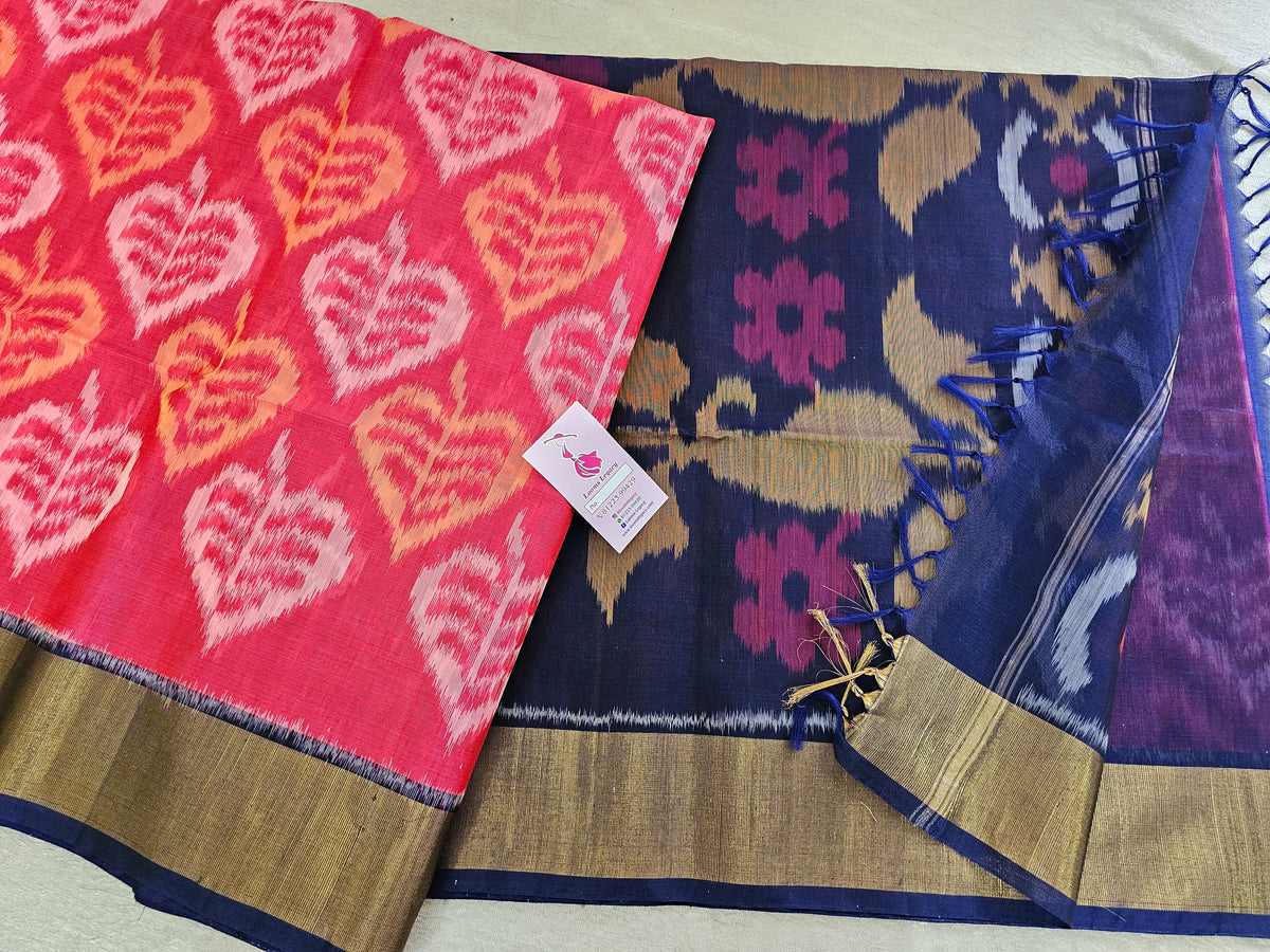 Peach with Navy Blue Pochampally Ikkat Silk Cotton (SICO Pattu)