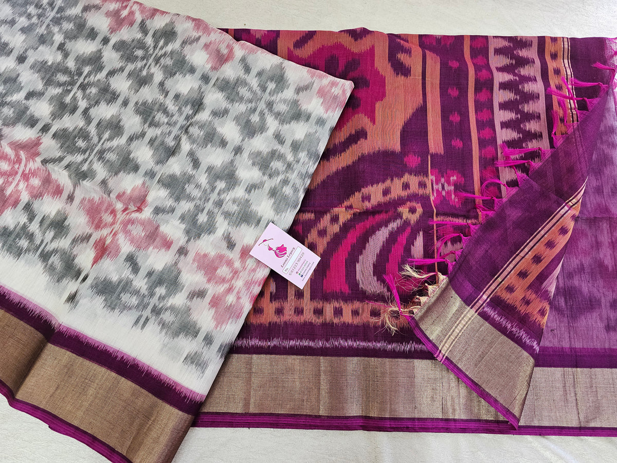 Off-white with Magenta Pink Pochampally Ikkat Silk Cotton (SICO Pattu)