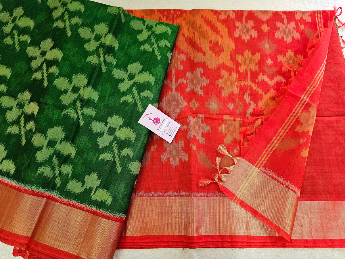 Green with Orange Pochampally Ikkat Silk Cotton (SICO Pattu)