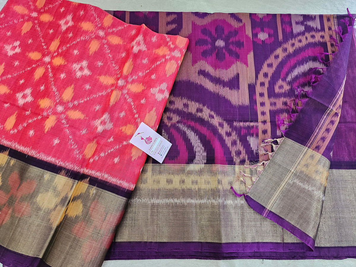 Peach with Purple Pochampally Ikkat Silk Cotton (SICO Pattu)