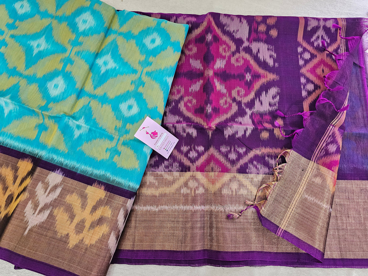 Blue with Purple Pochampally Ikkat Silk Cotton (SICO Pattu)