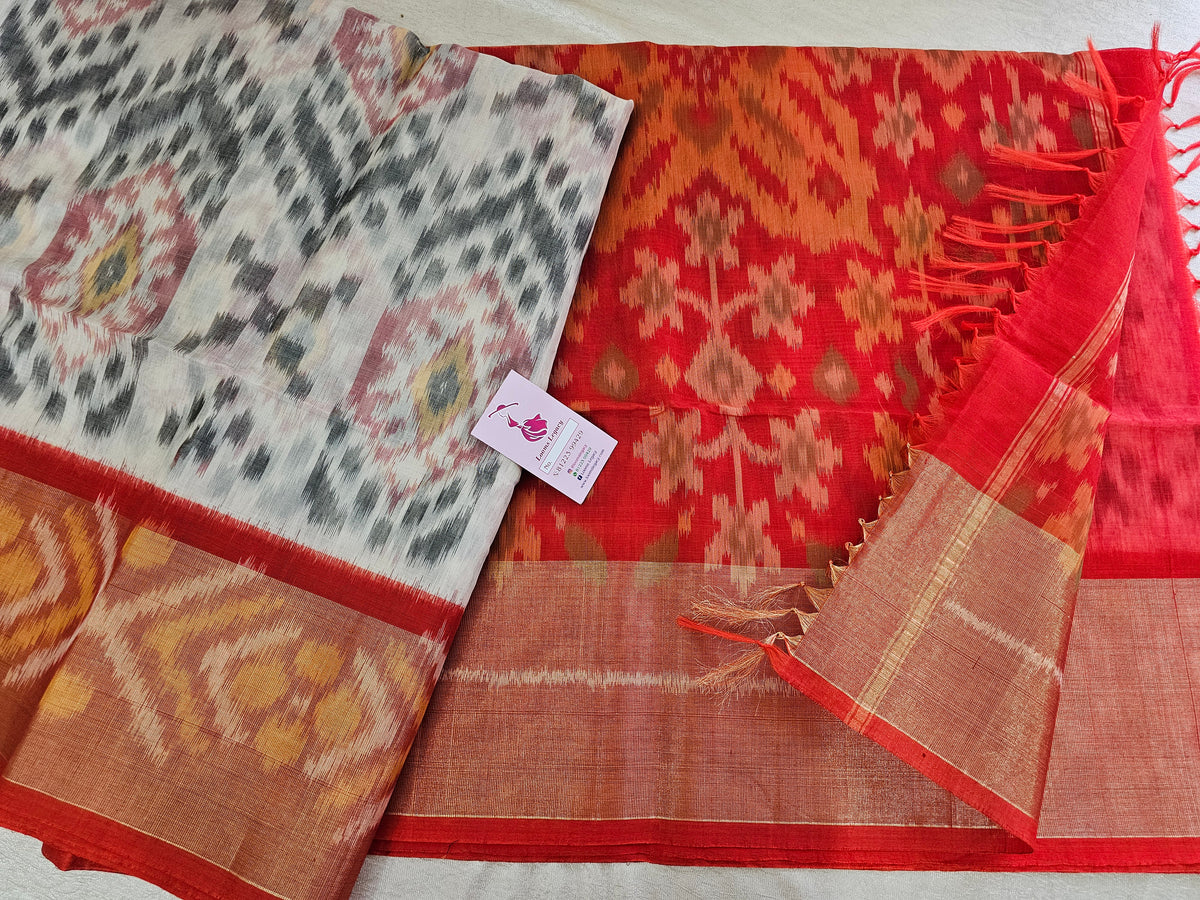 Off-white with Orange Pochampally Ikkat Silk Cotton (SICO Pattu)