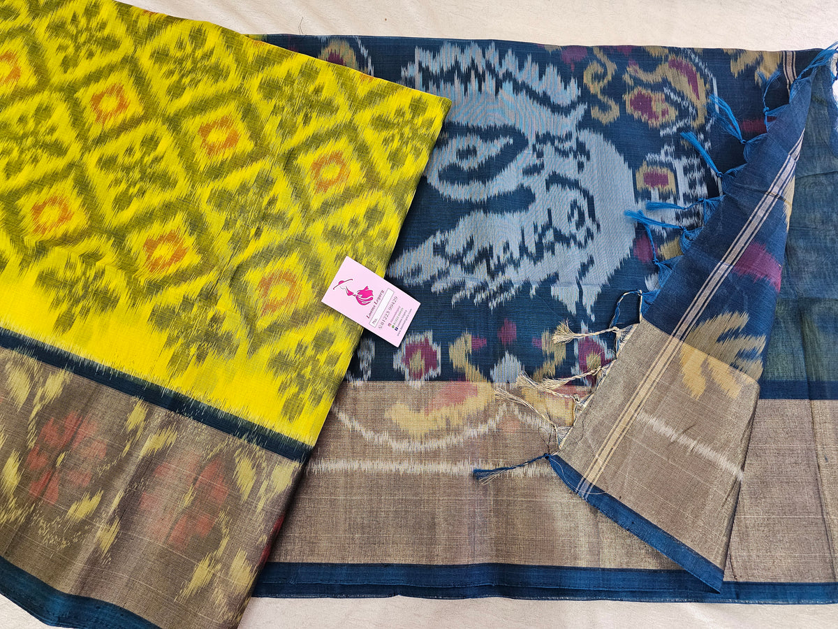 Yellow with Peacock Blue Pochampally Ikkat Silk Cotton (SICO Pattu)