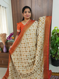 Semi Banarasi Silk Saree - Cream with Red