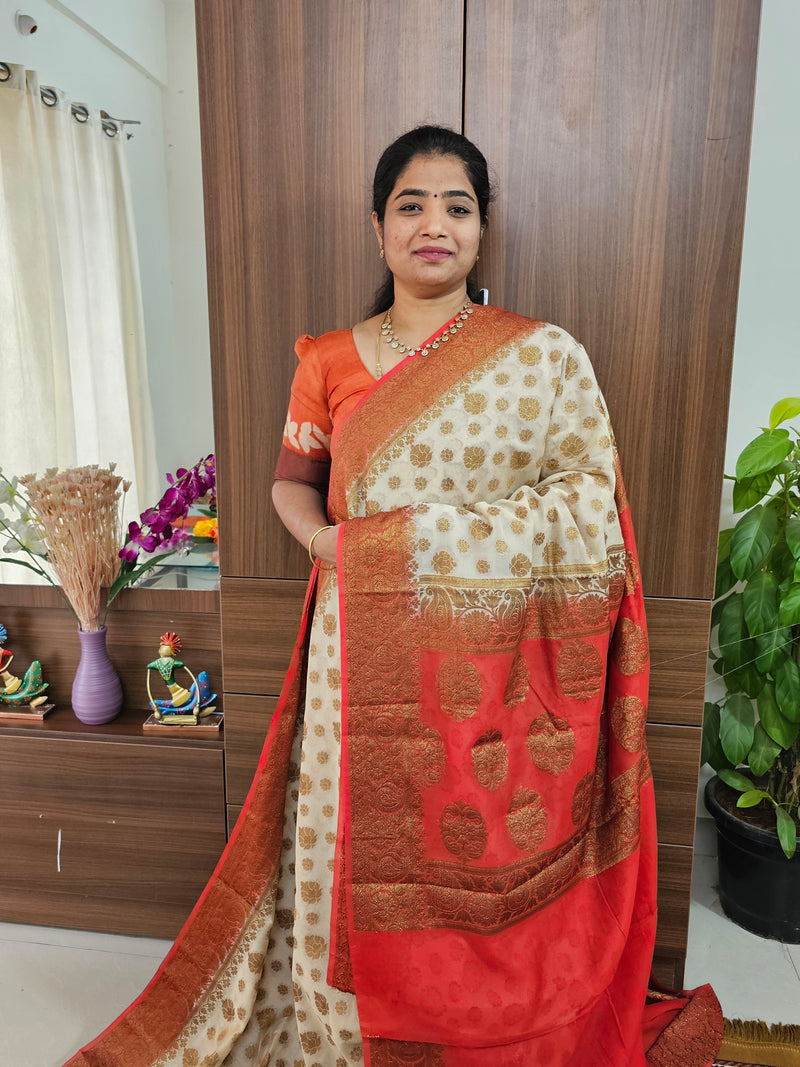 Semi Banarasi Silk Saree - Cream with Red