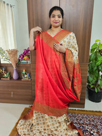 Semi Banarasi Silk Saree - Cream with Red