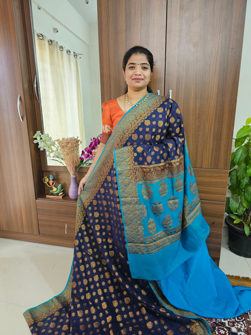 Semi Banarasi Silk Saree - Navy Blue with Sky Blue