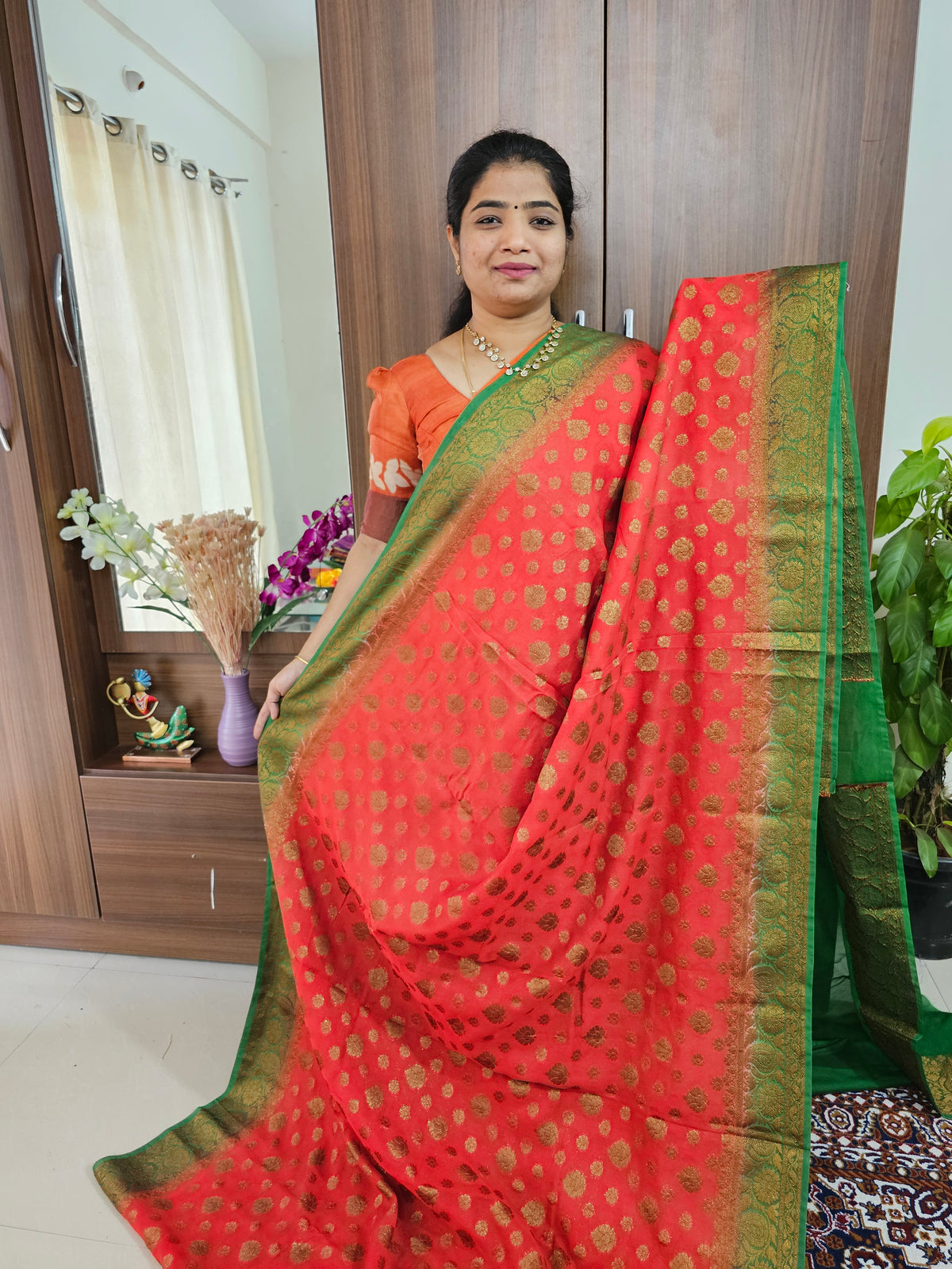 Semi Banarasi Silk Saree - Reddish Pink with Green