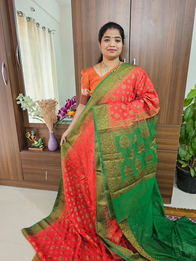 Semi Banarasi Silk Saree - Reddish Pink with Green