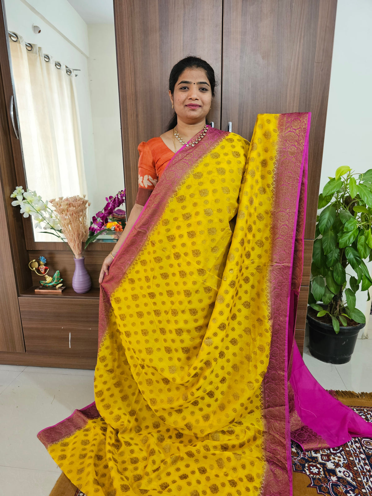 Semi Banarasi Silk Saree - Yellow with Pink