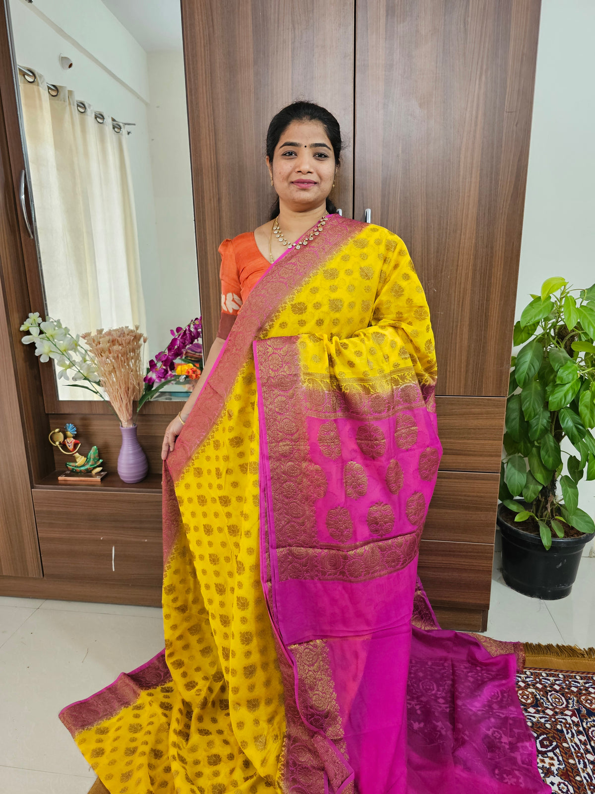 Semi Banarasi Silk Saree - Yellow with Pink