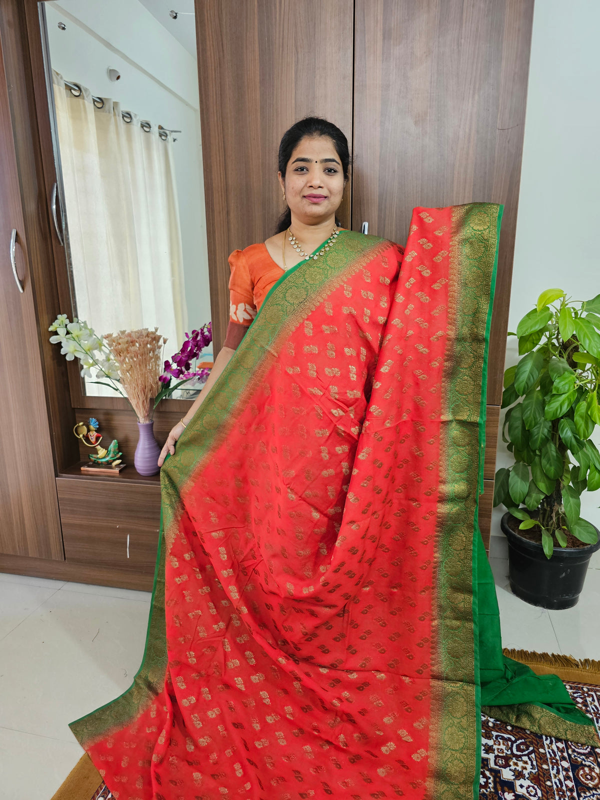 Semi Banarasi Silk Saree - Reddish Pink with Green