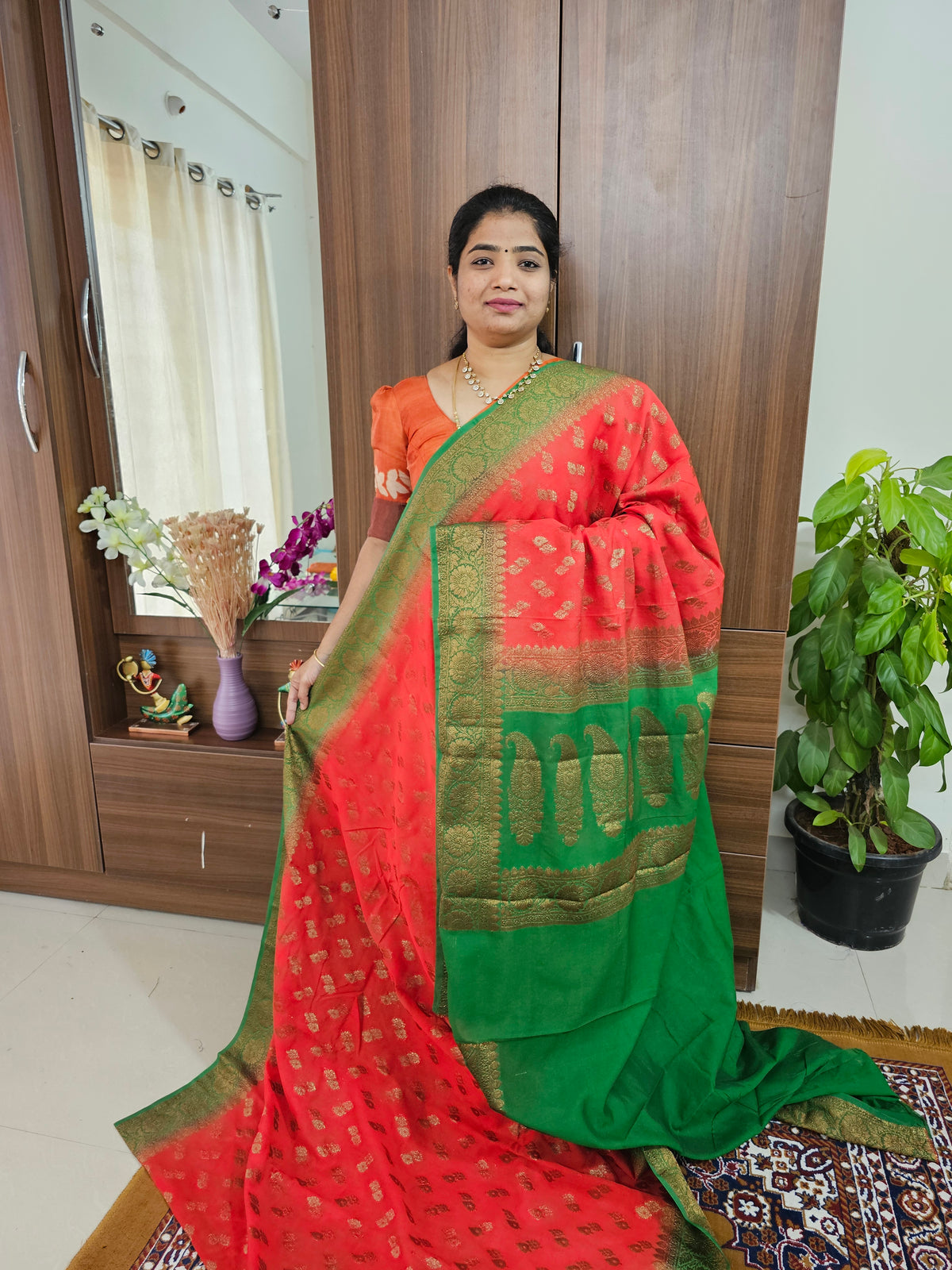 Semi Banarasi Silk Saree - Reddish Pink with Green