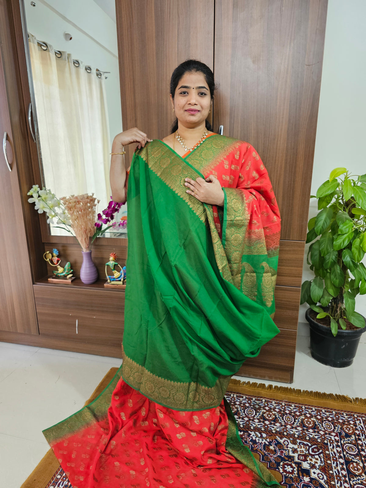 Semi Banarasi Silk Saree - Reddish Pink with Green