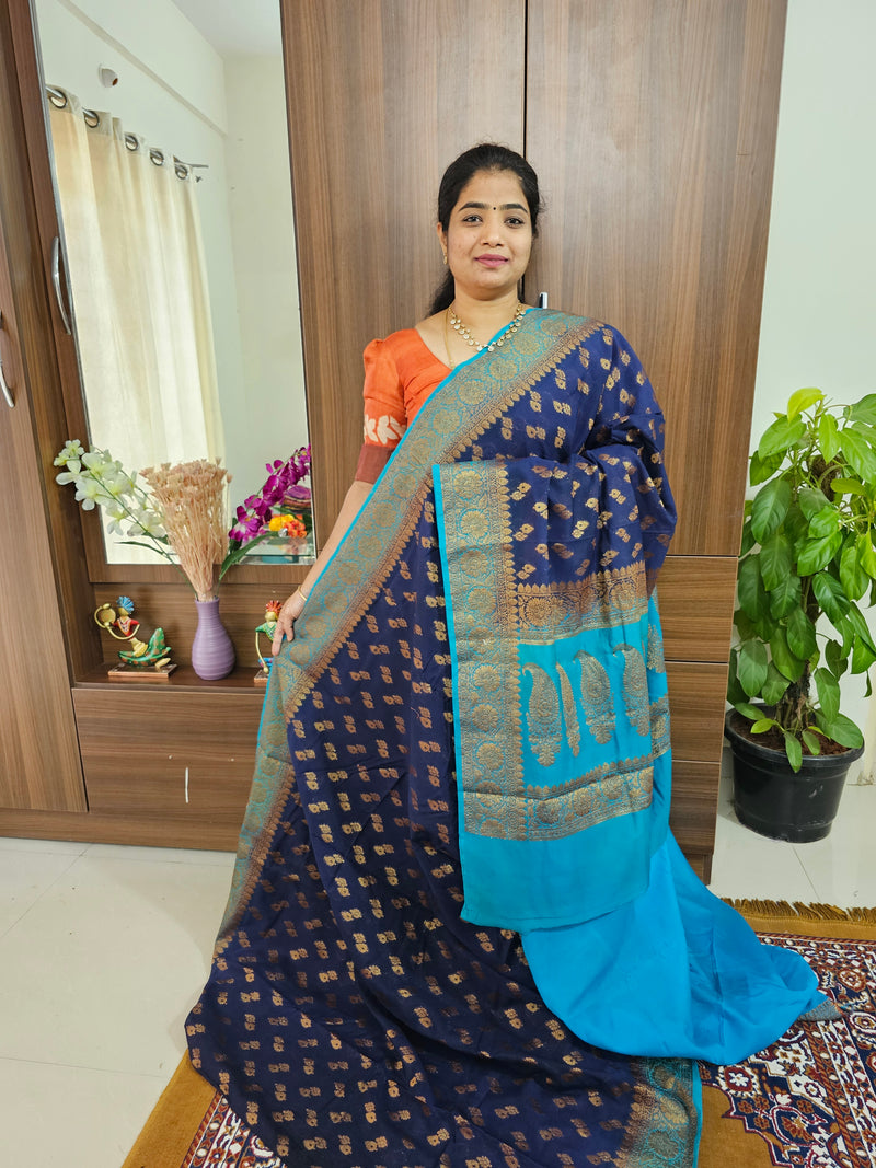 Semi Banarasi Silk Saree - Navy Blue with Sky Blue