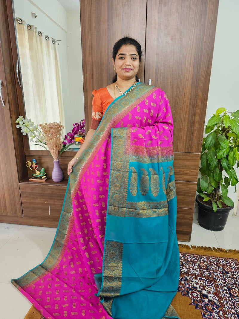 Semi Banarasi Silk Saree - Pink with Blue