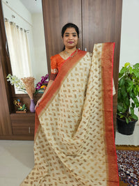 Semi Banarasi Silk Saree - Cream with Red