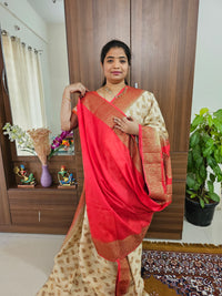 Semi Banarasi Silk Saree - Cream with Red