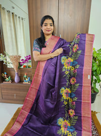 Purple with Pink Handwoven Tussar Silk Saree with Zari Border