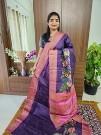 Purple with Pink Handwoven Tussar Silk Saree with Zari Border